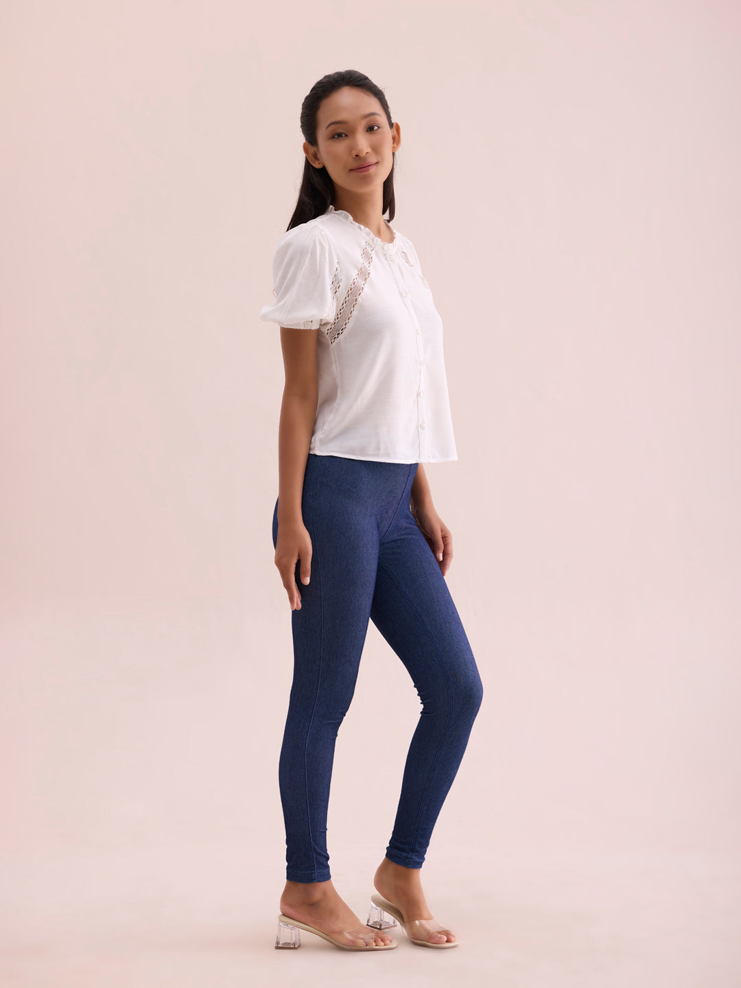 Blue Cotton Poly Stretch Denim Leggings