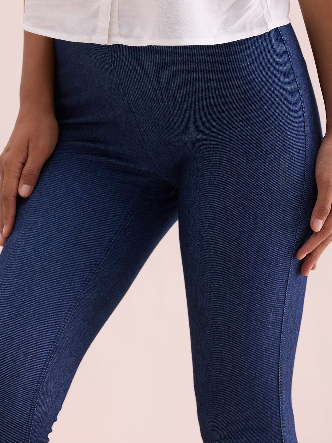 Blue Cotton Poly Stretch Denim Leggings