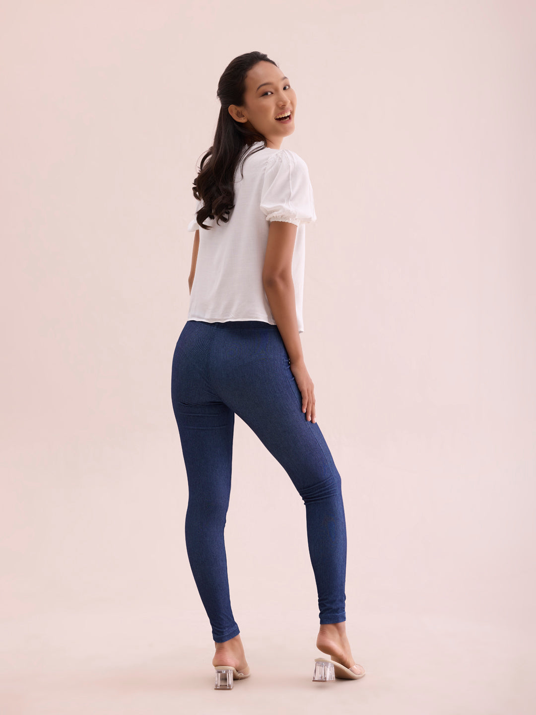 Blue Cotton Poly Stretch Denim Leggings