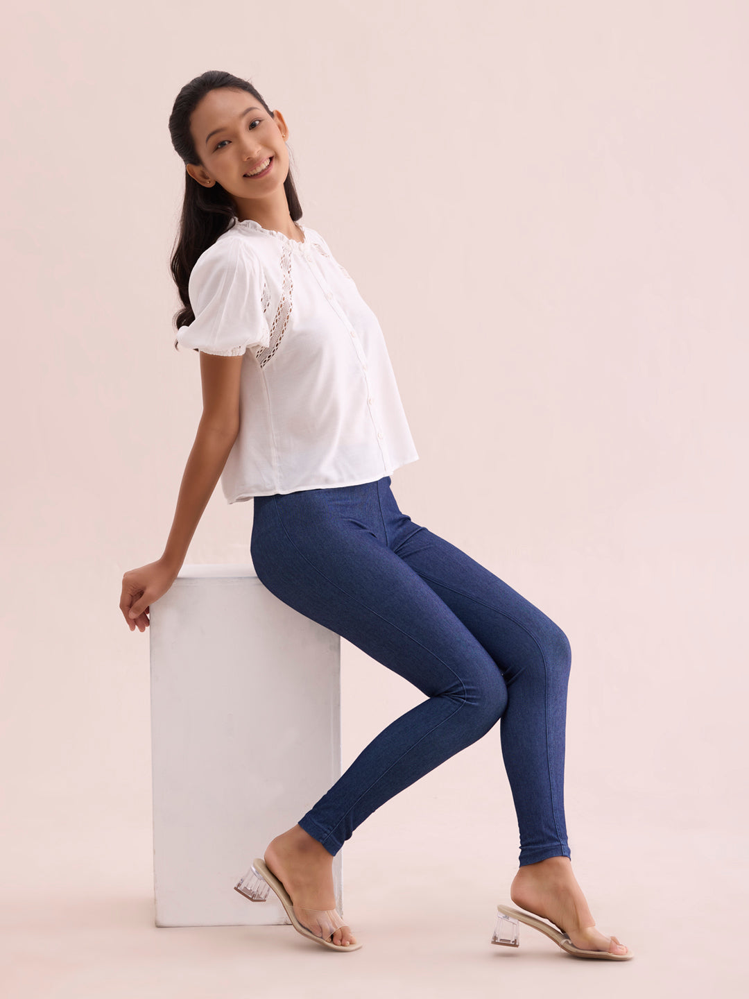 Blue Cotton Poly Stretch Denim Leggings