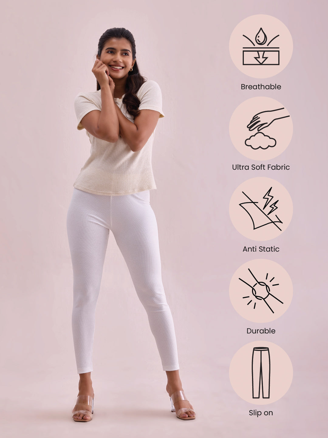 Cream Drop Needle Fabric Rib Leggings