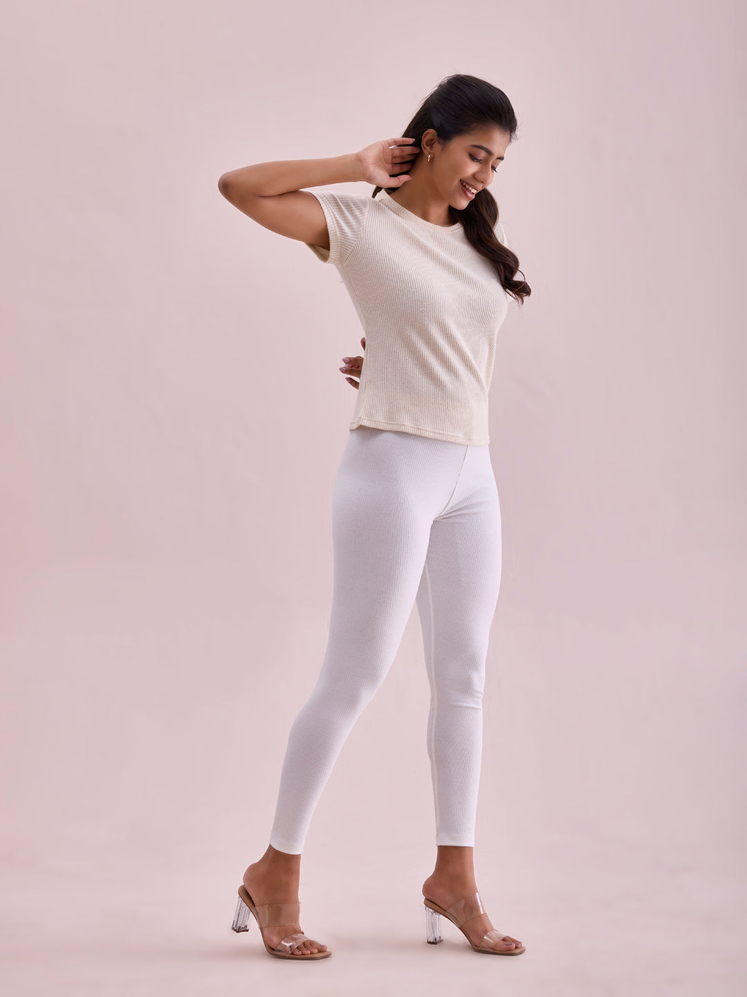 Cream Drop Needle Fabric Rib Leggings