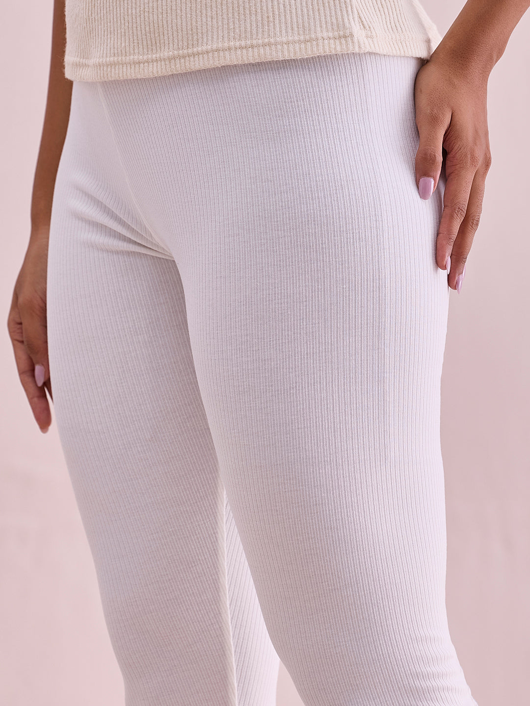 Cream Drop Needle Fabric Rib Leggings