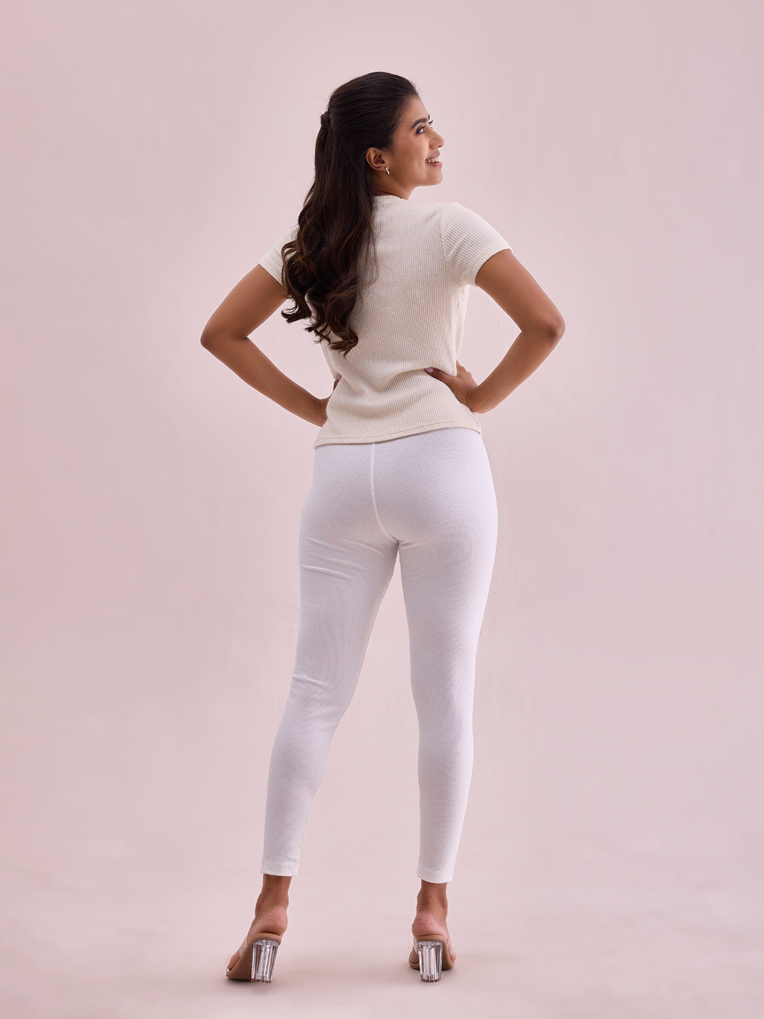 Cream Drop Needle Fabric Rib Leggings