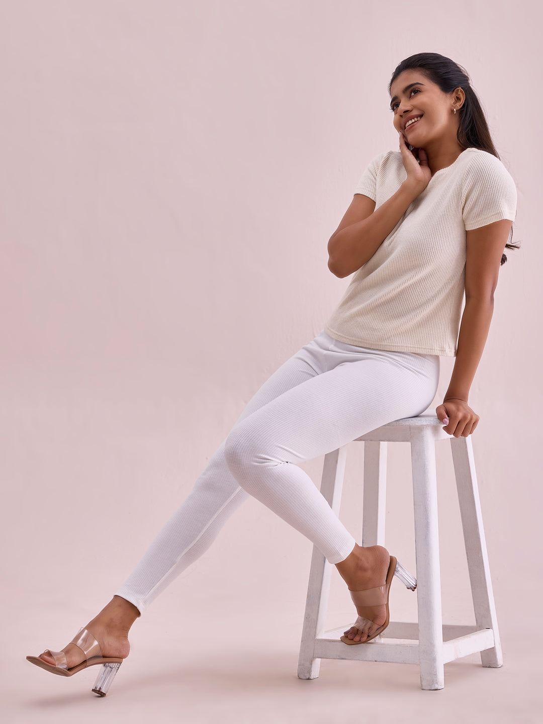 Cream Drop Needle Fabric Rib Leggings