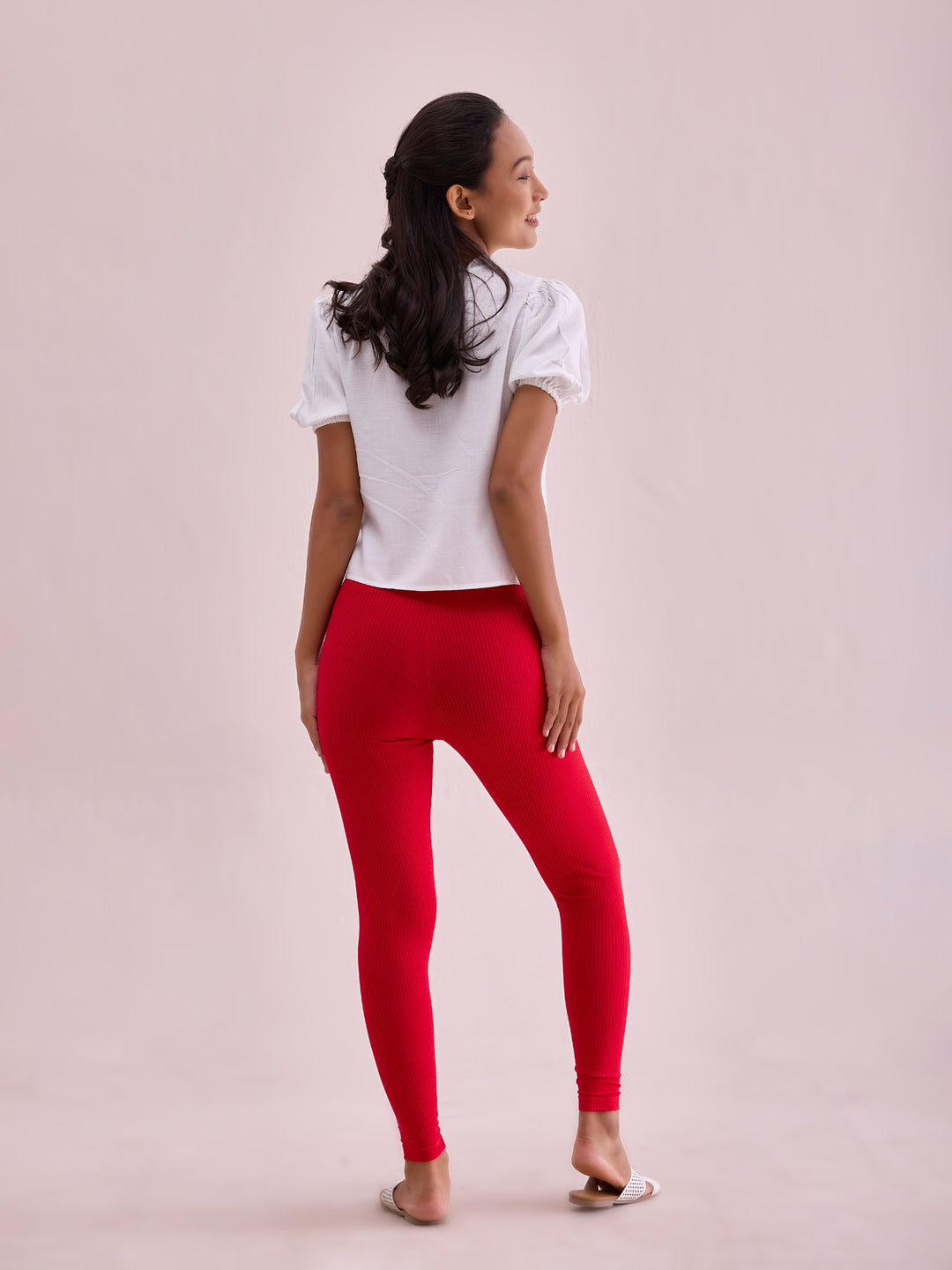 Dark Red Drop Needle Fabric Rib Leggings