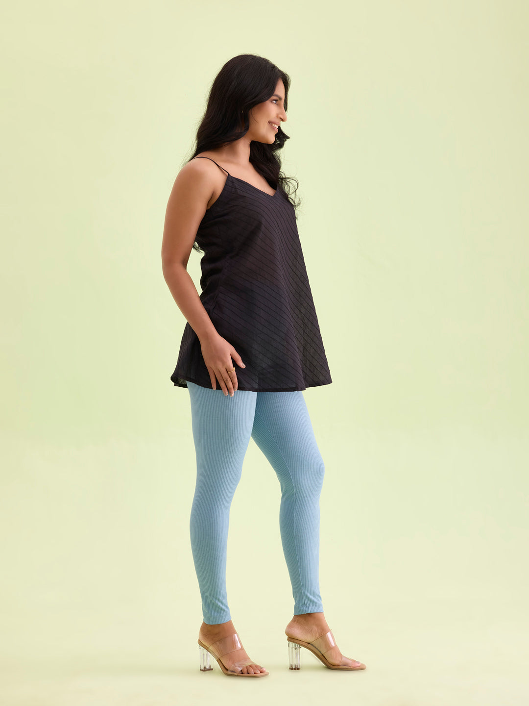 Dusty Blue Drop Needle Fabric Rib Leggings