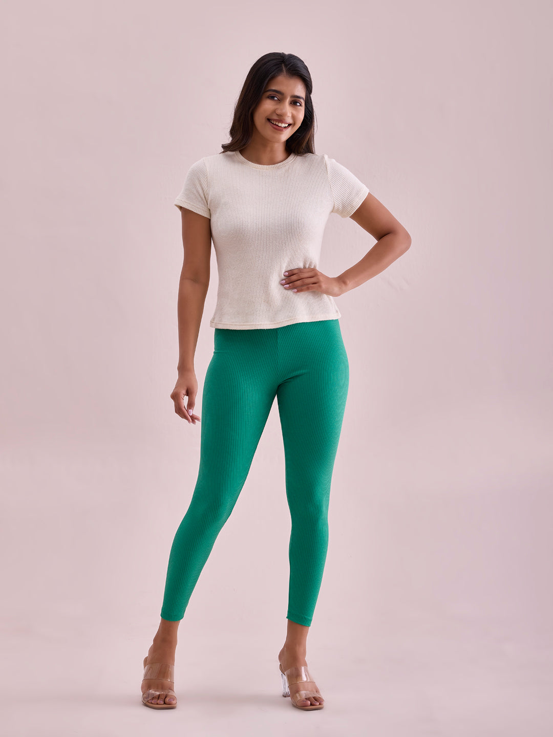 Emerald Green Drop Needle Fabric Rib Leggings