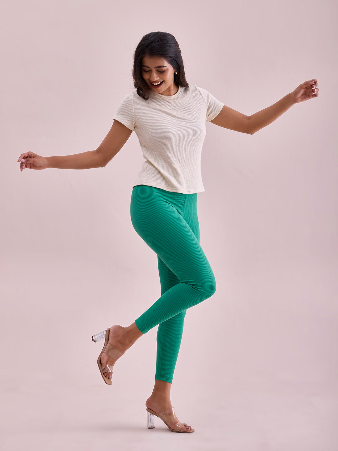 Emerald Green Drop Needle Fabric Rib Leggings