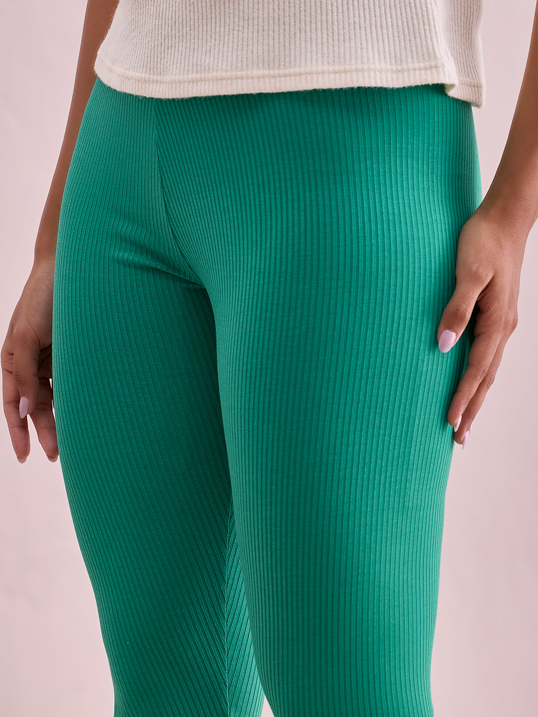 Emerald Green Drop Needle Fabric Rib Leggings