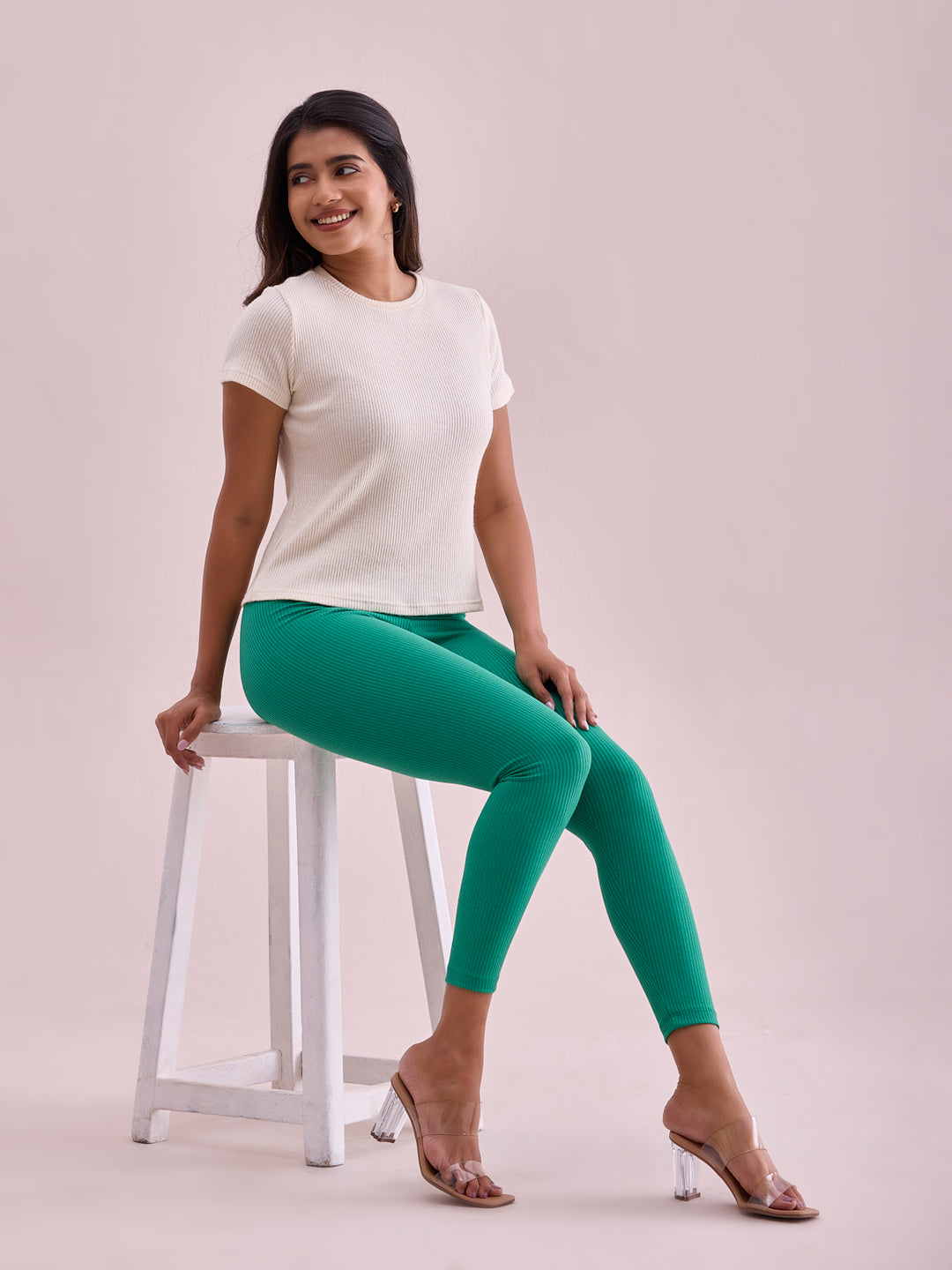 Emerald Green Drop Needle Fabric Rib Leggings