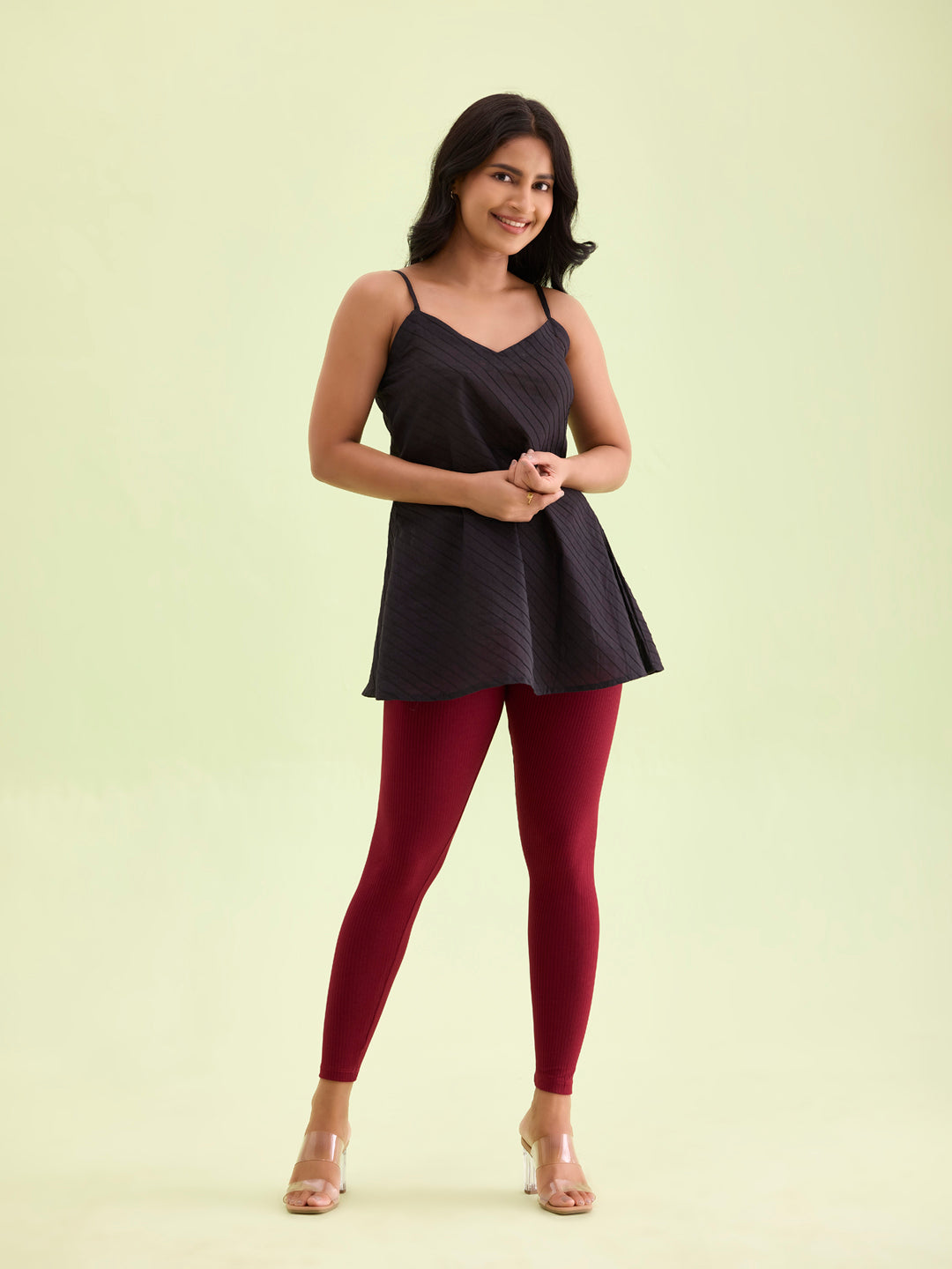 Maroon Drop Needle Fabric Rib Leggings