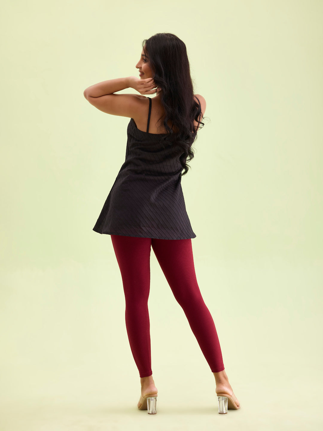 Maroon Drop Needle Fabric Rib Leggings