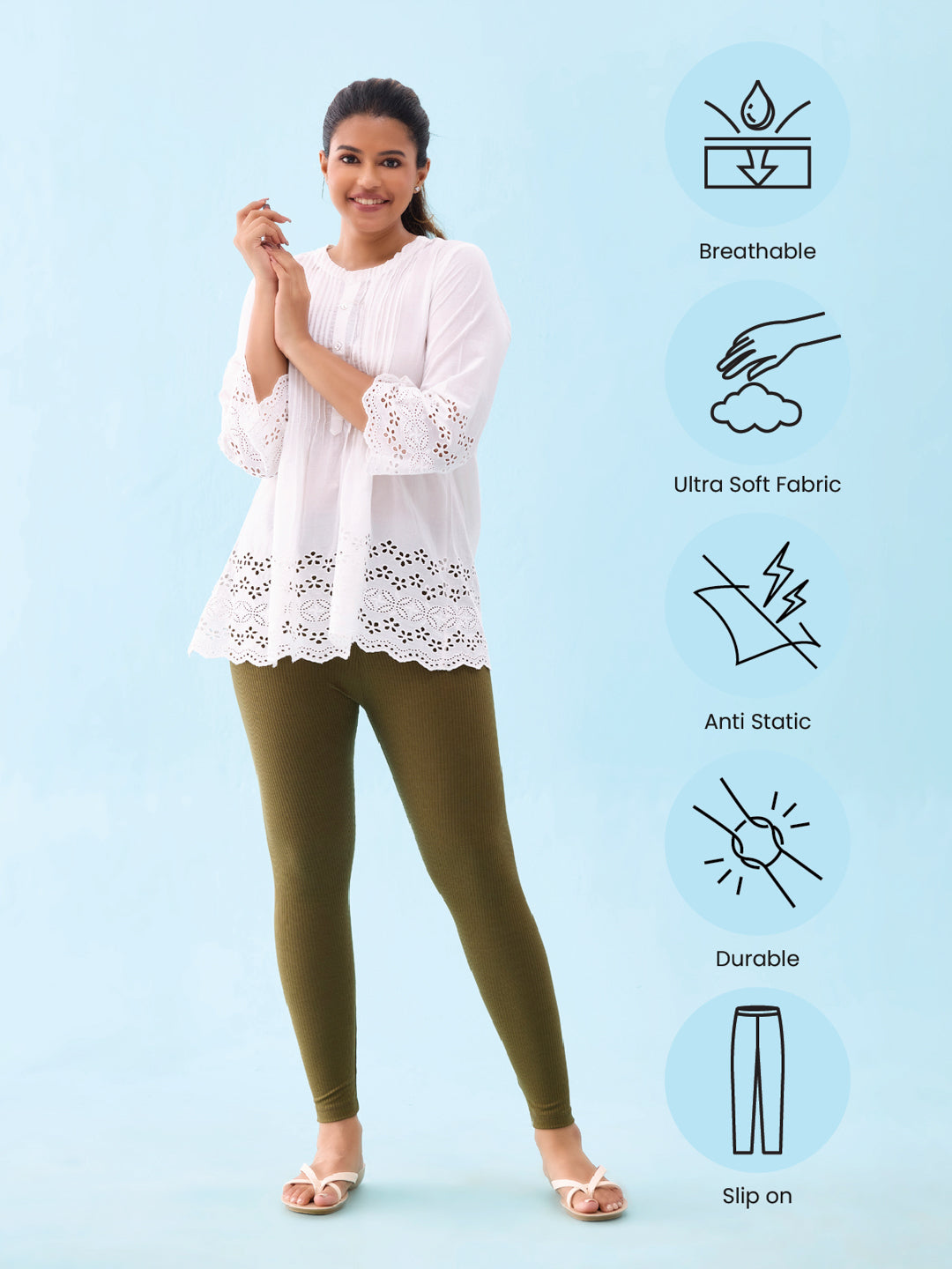 Olive Green Drop Needle Fabric Rib Leggings