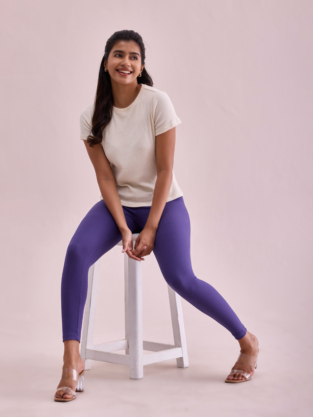 Purple Drop Needle Fabric Rib Leggings