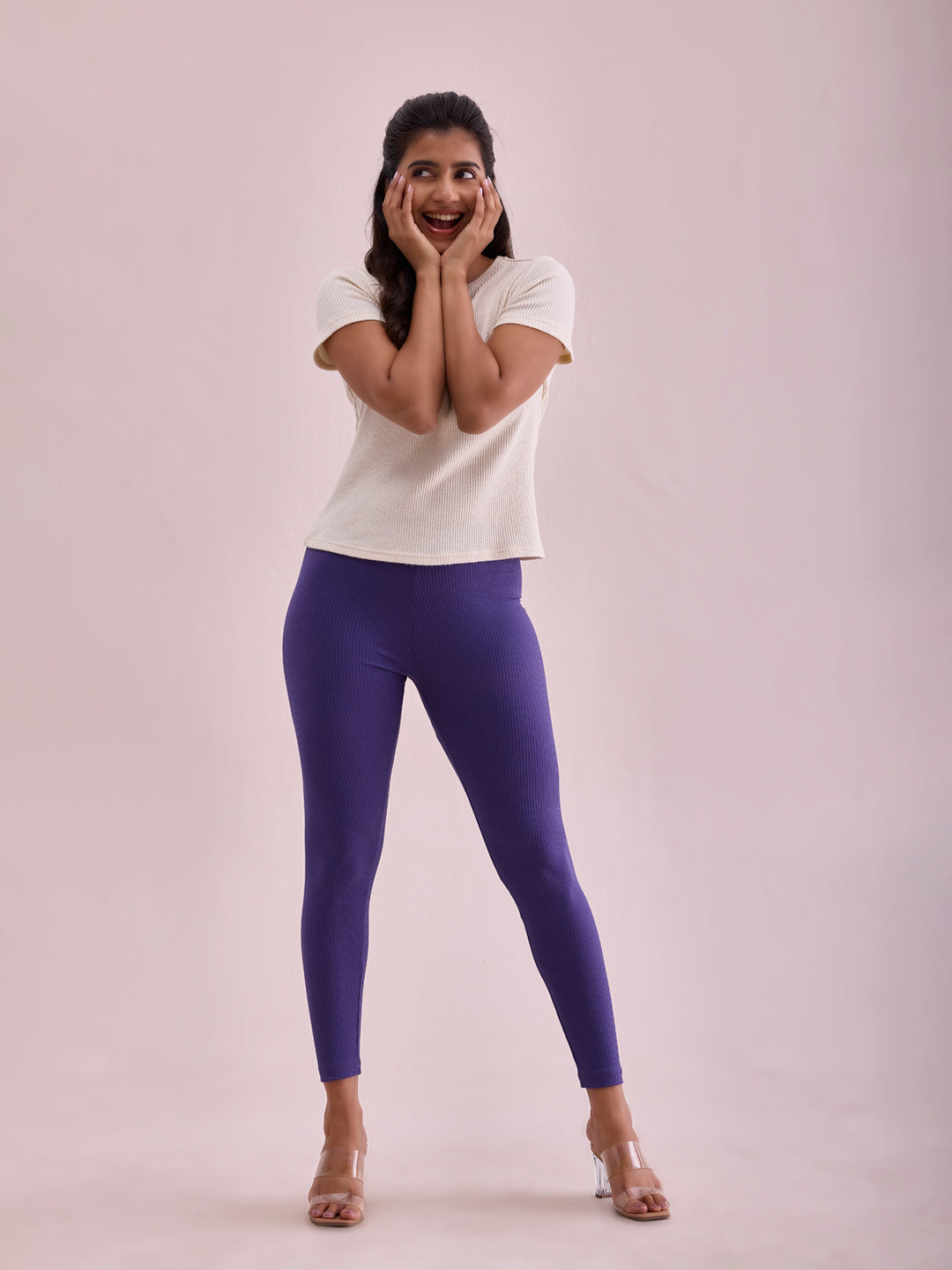 Purple Drop Needle Fabric Rib Leggings