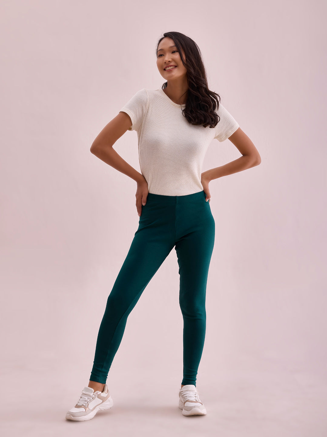 Bottle Green Cotton Stretch Ribbed warm Leggings