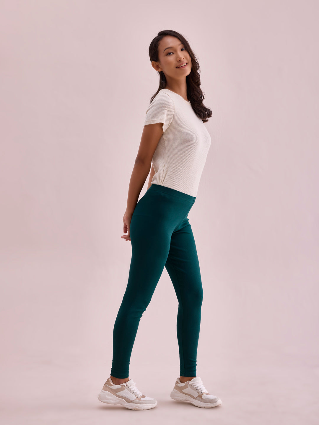 Bottle Green Cotton Stretch Ribbed warm Leggings