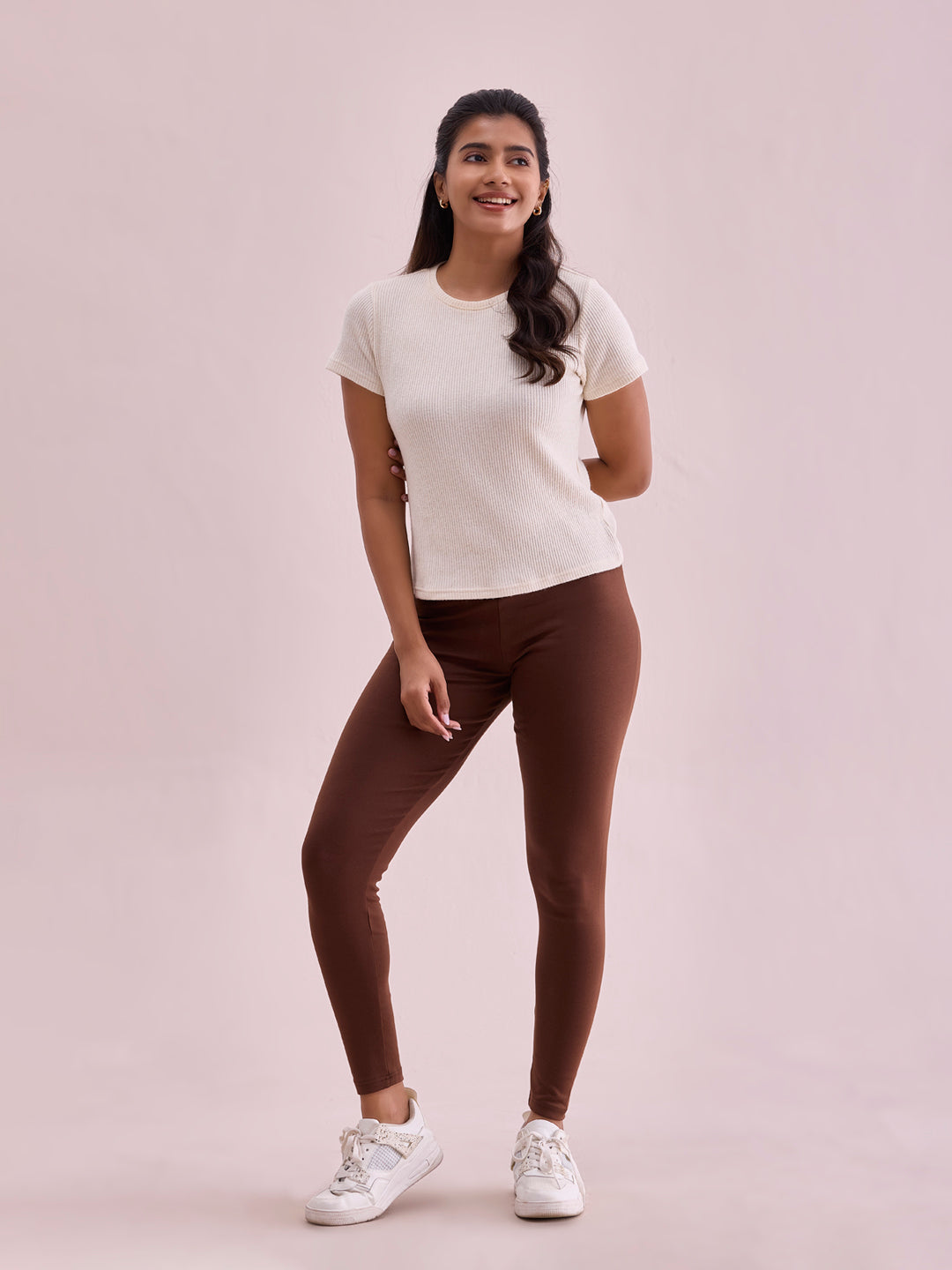 Dark Brown Cotton Stretch Ribbed warm Leggings