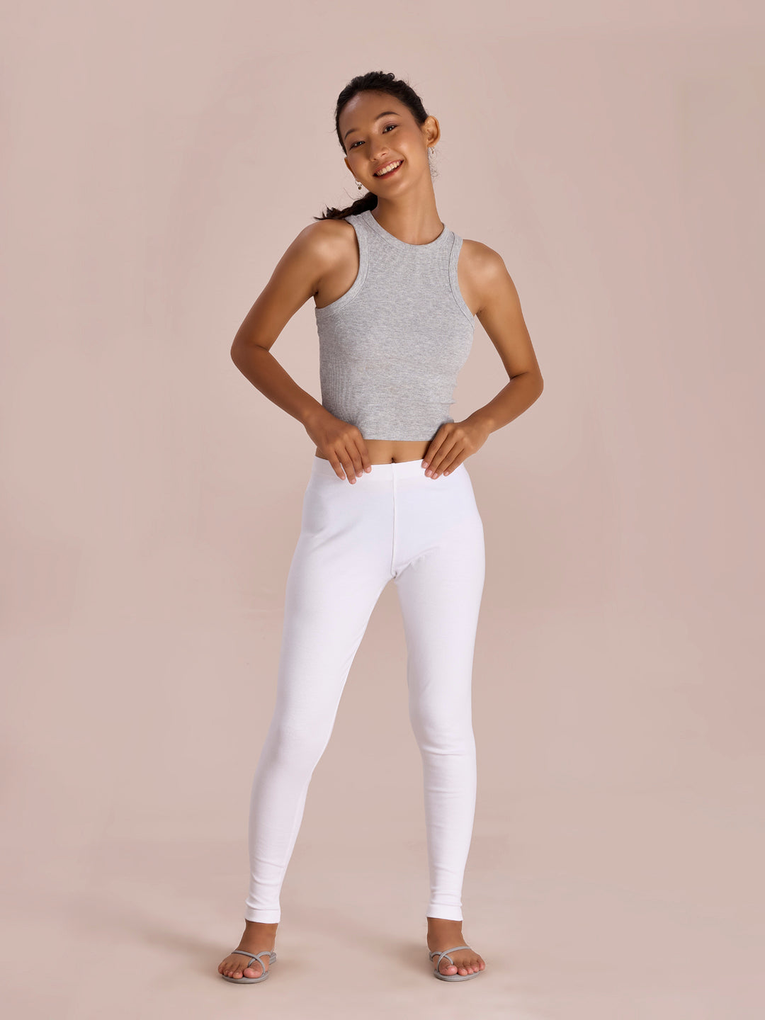 White Cotton Stretch Ribbed warm Leggings