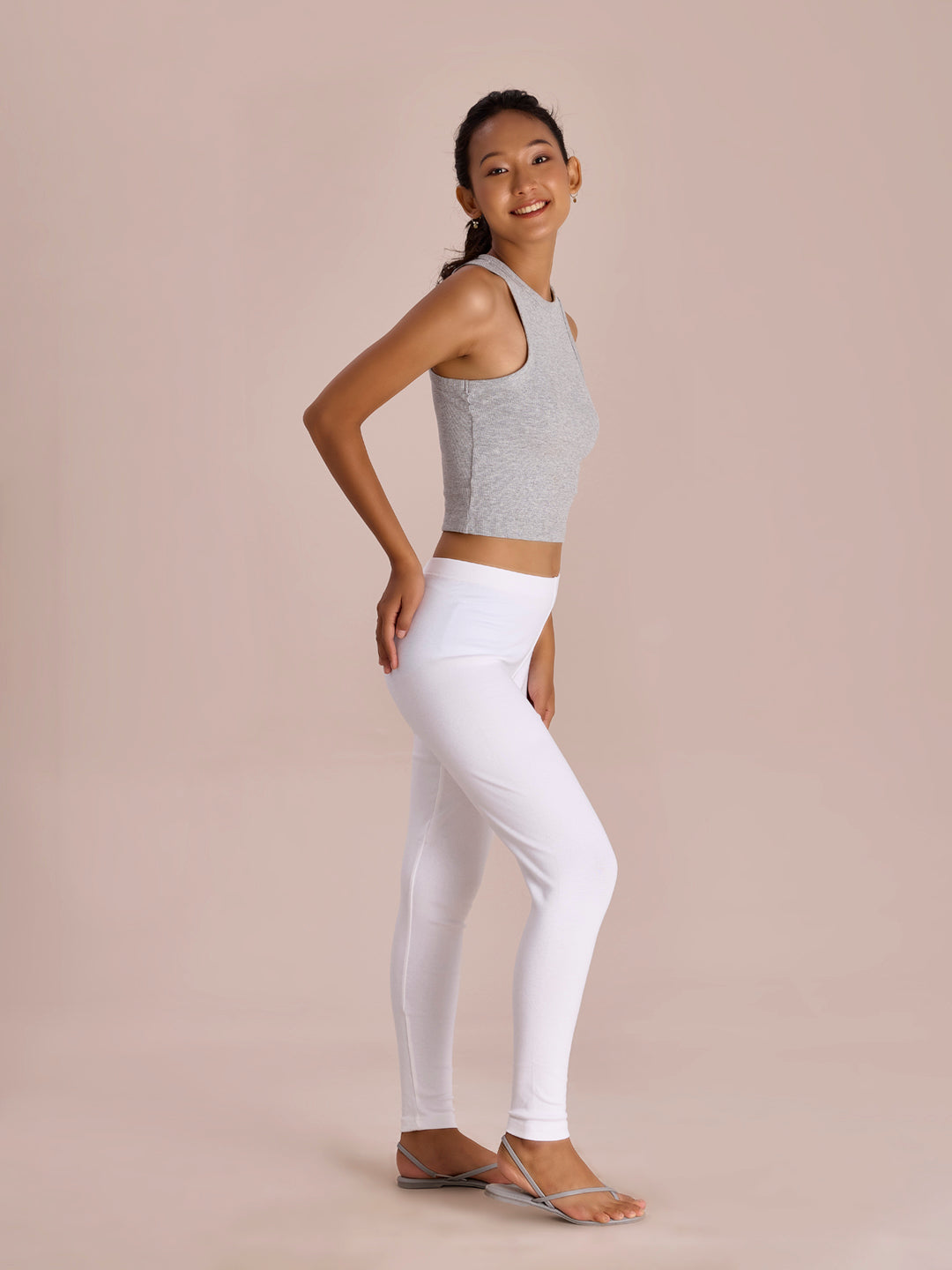 White Cotton Stretch Ribbed warm Leggings