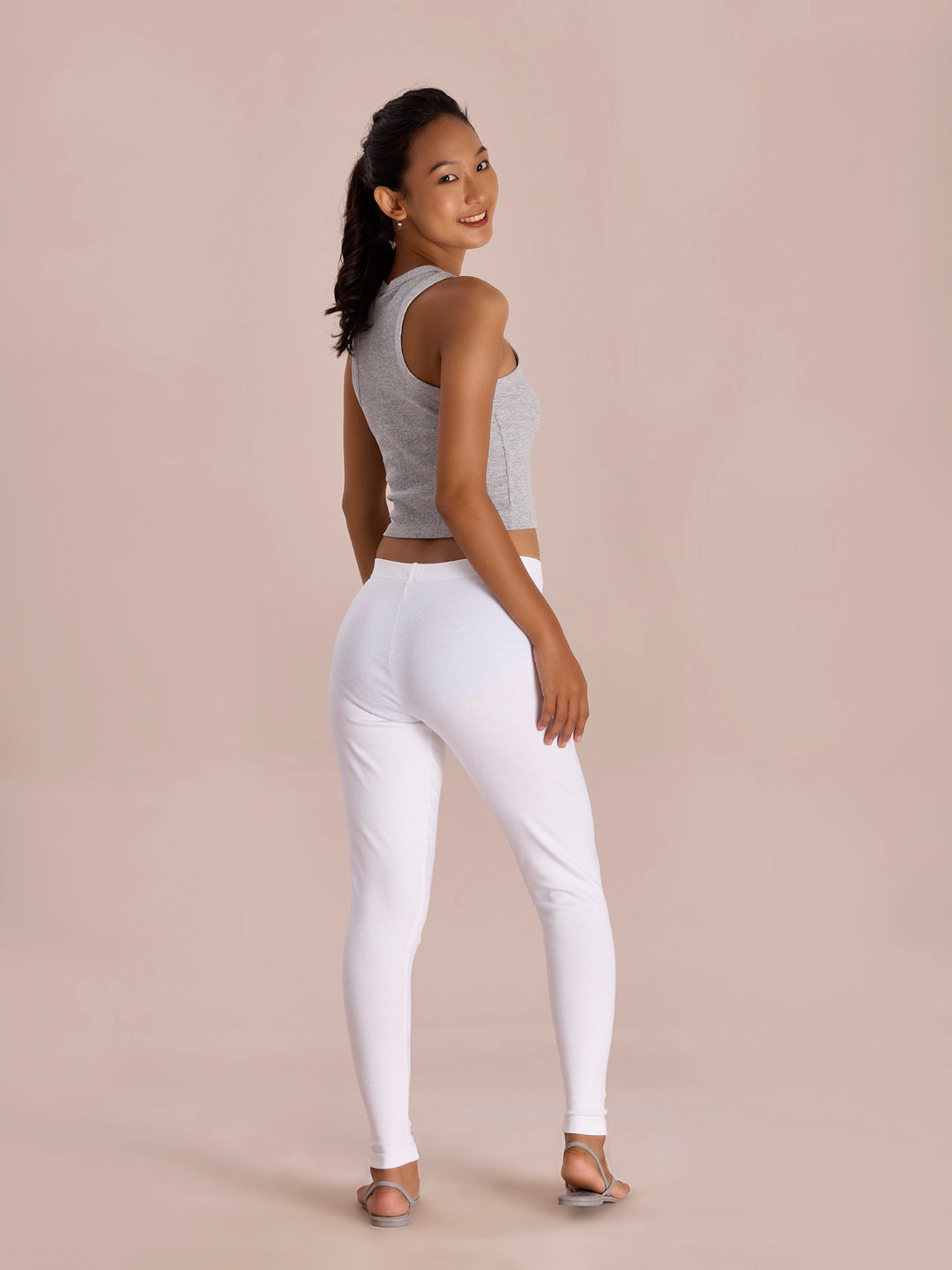 White Cotton Stretch Ribbed warm Leggings S