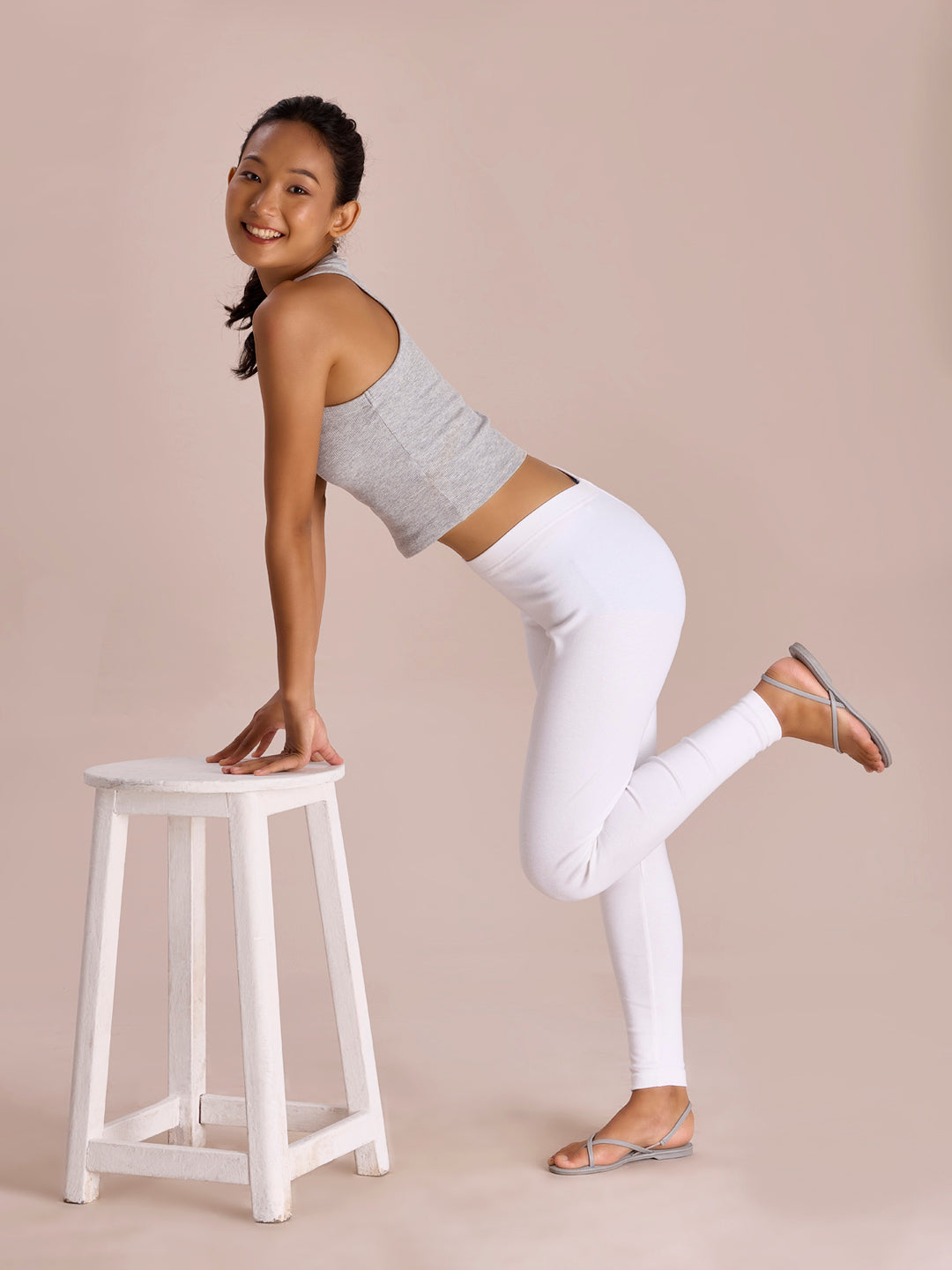 White Cotton Stretch Ribbed warm Leggings