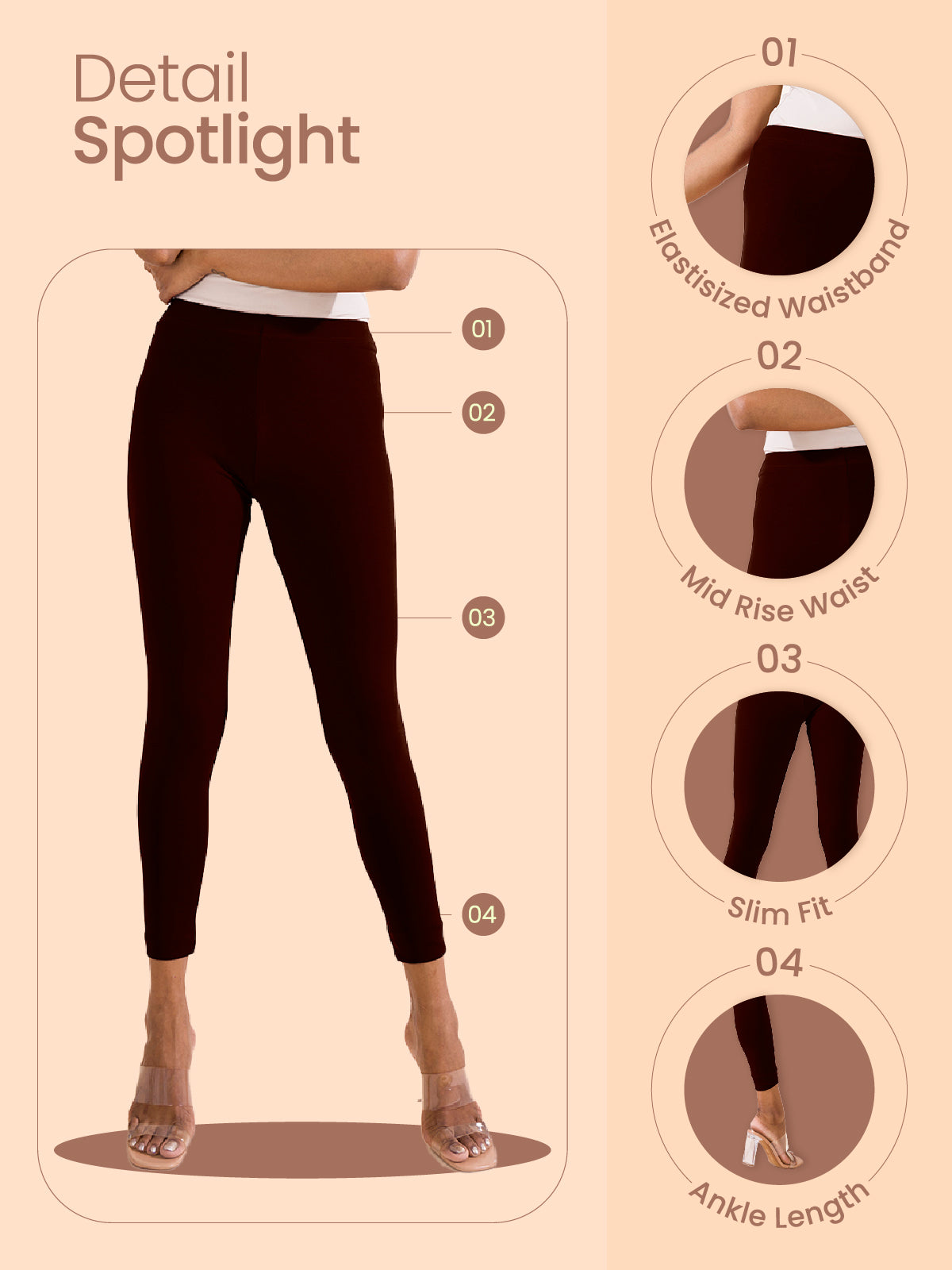 Dark Brown Cotton Stretch Ankle Length Leggings