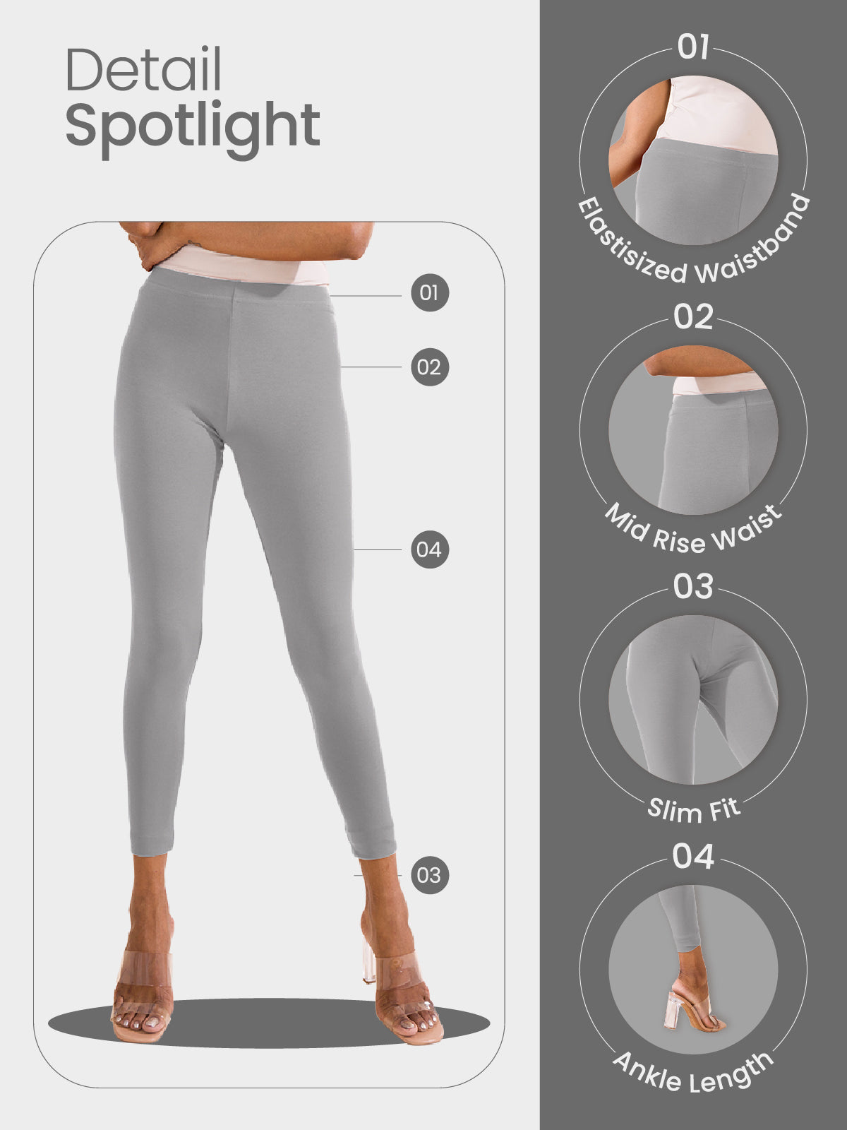 Ebony Grey Cotton Stretch Ankle Length Leggings