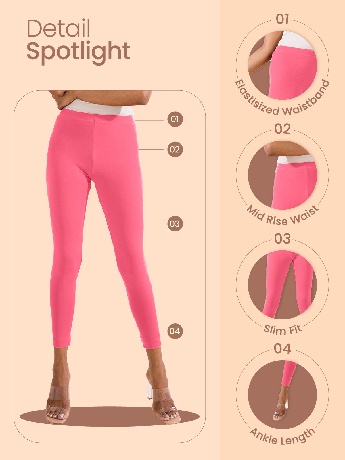 Blush Pink Cotton Stretch Ankle Length Leggings