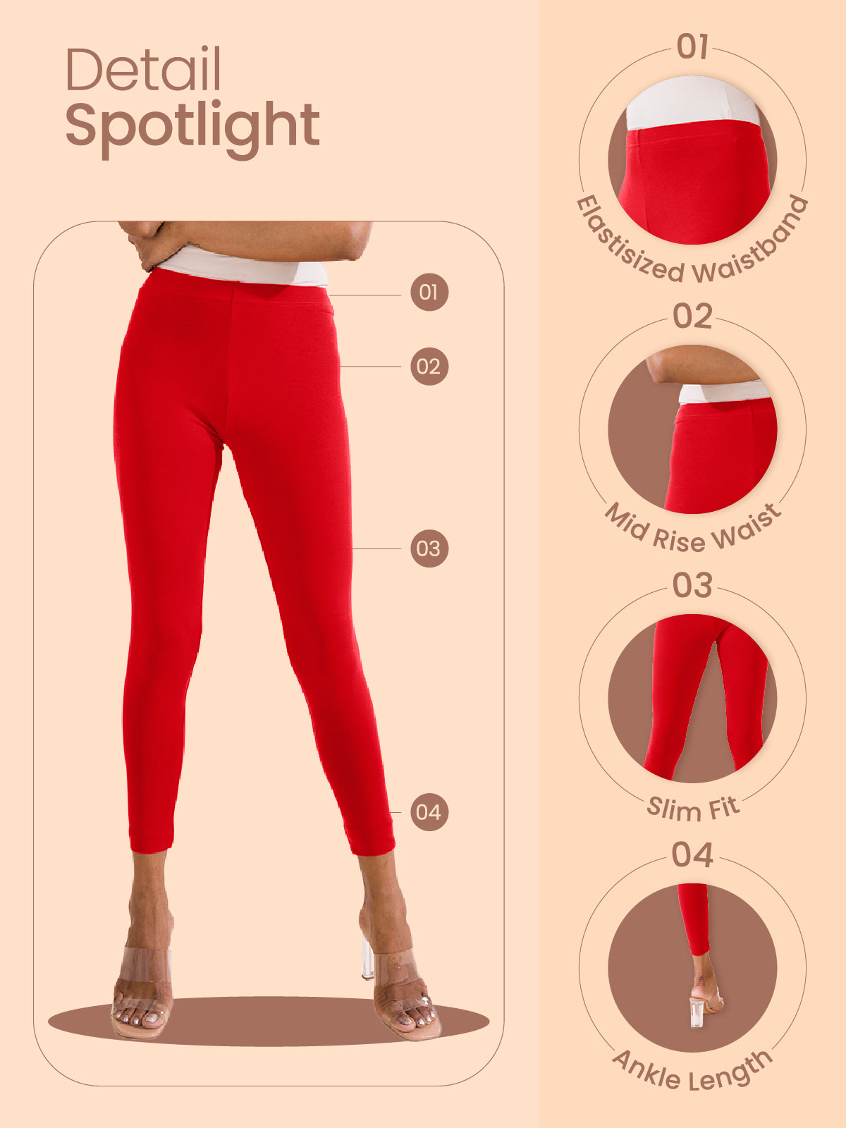 Light Coral Cotton Stretch Ankle Length Leggings