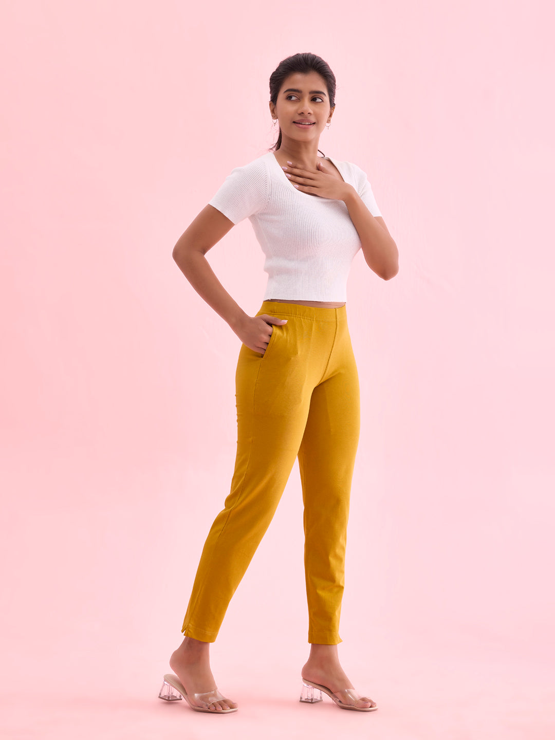 Light Mustard Cotton Stretch Kurti Pants