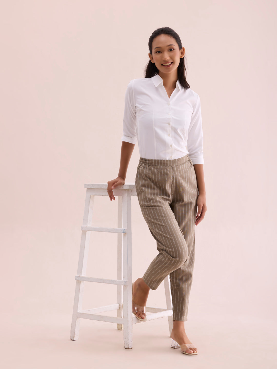 Beige Linen Ikat Pencil Pant