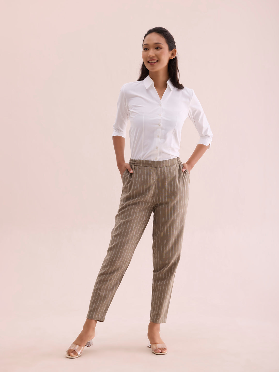 Beige Linen Ikat Pencil Pant