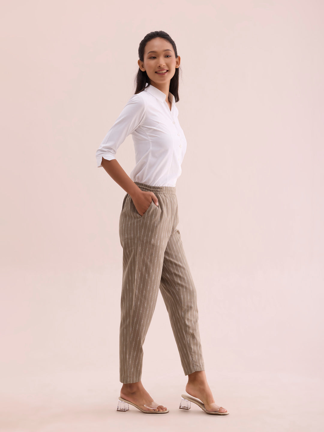 Beige Linen Ikat Pencil Pant