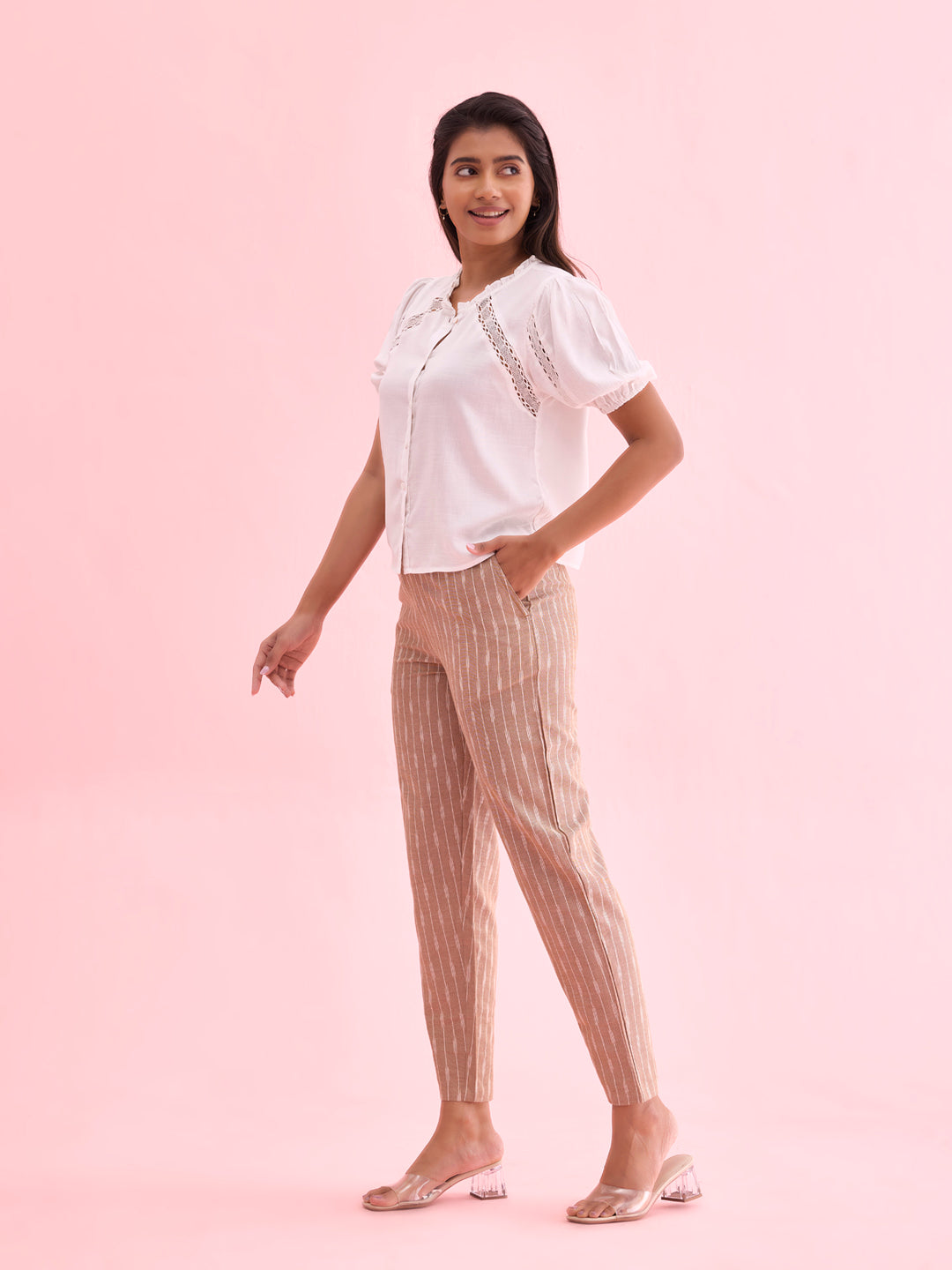 Beige Linen Ikat Pencil Pant