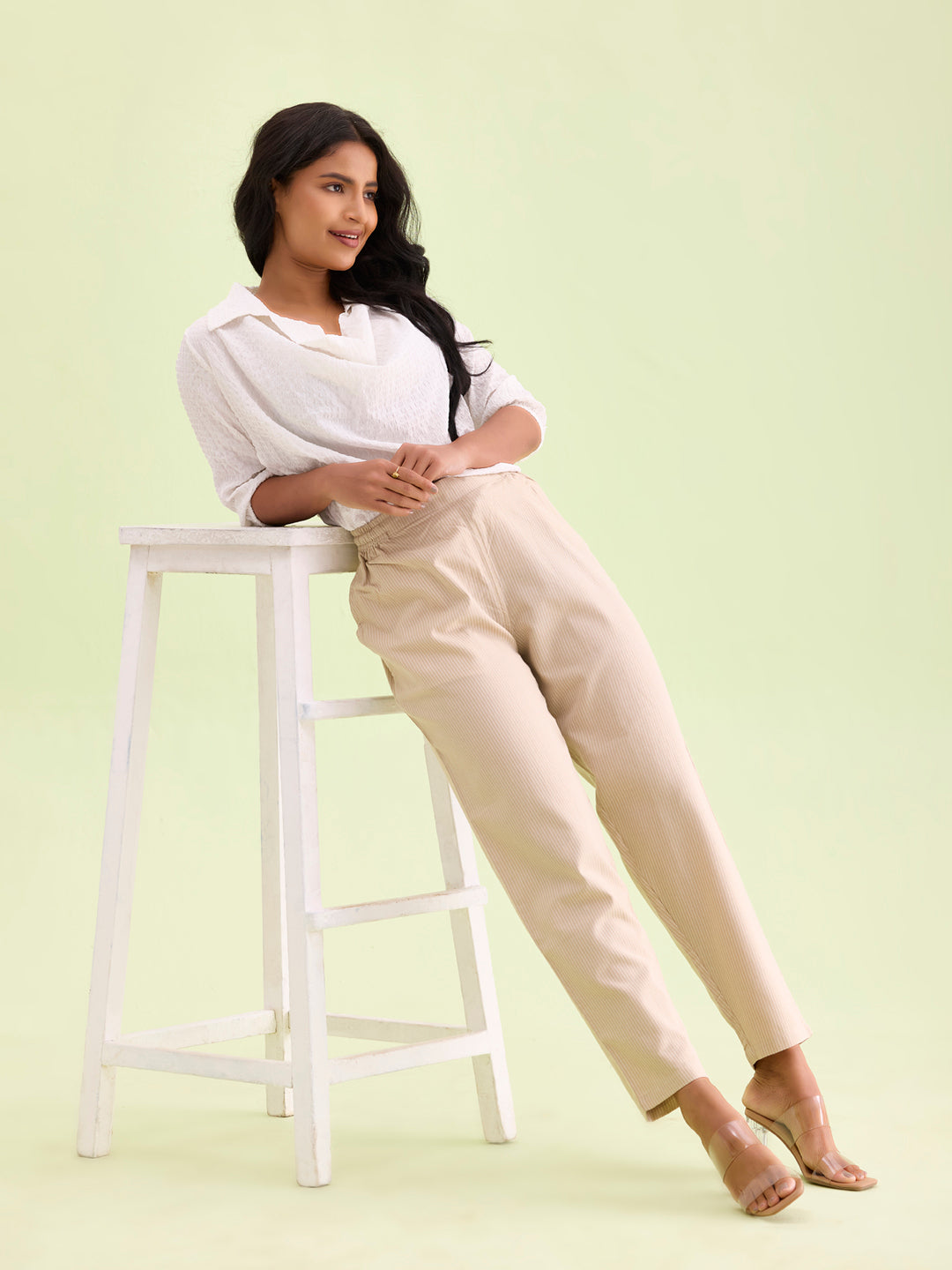 Beige Cotton Stripe Pencil Pants