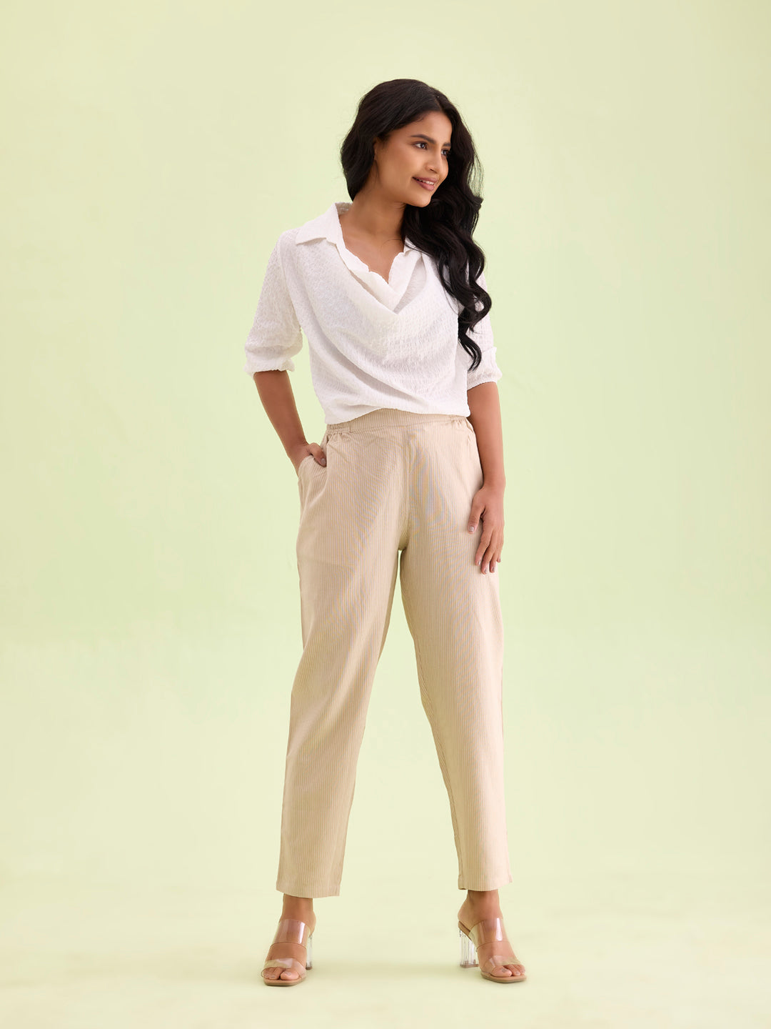 Beige Cotton Stripe Pencil Pants