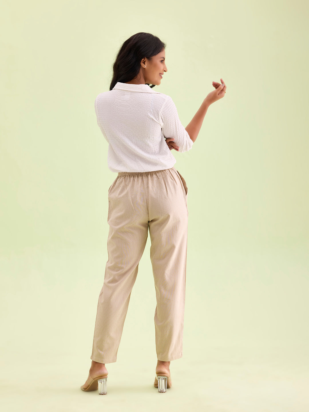 Beige Cotton Stripe Pencil Pants