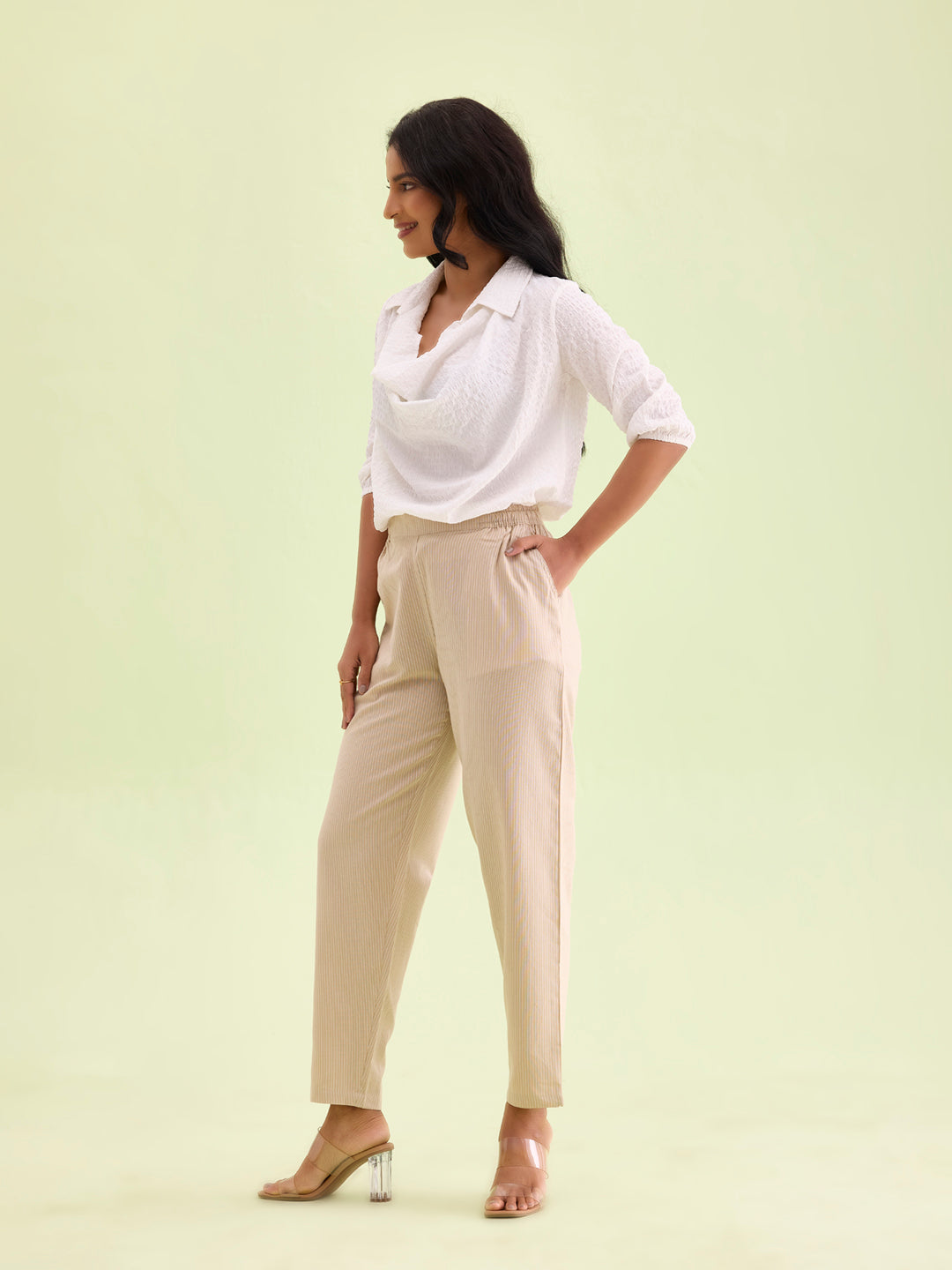 Beige Cotton Stripe Pencil Pants