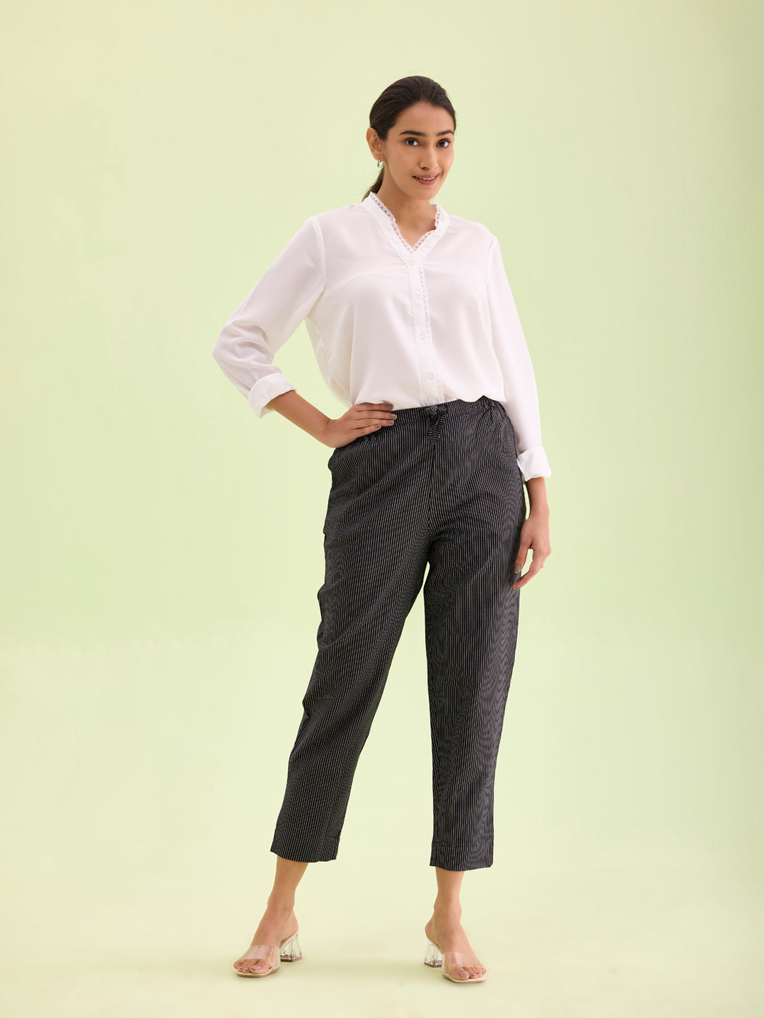 Black Cotton Stripe Pencil Pants