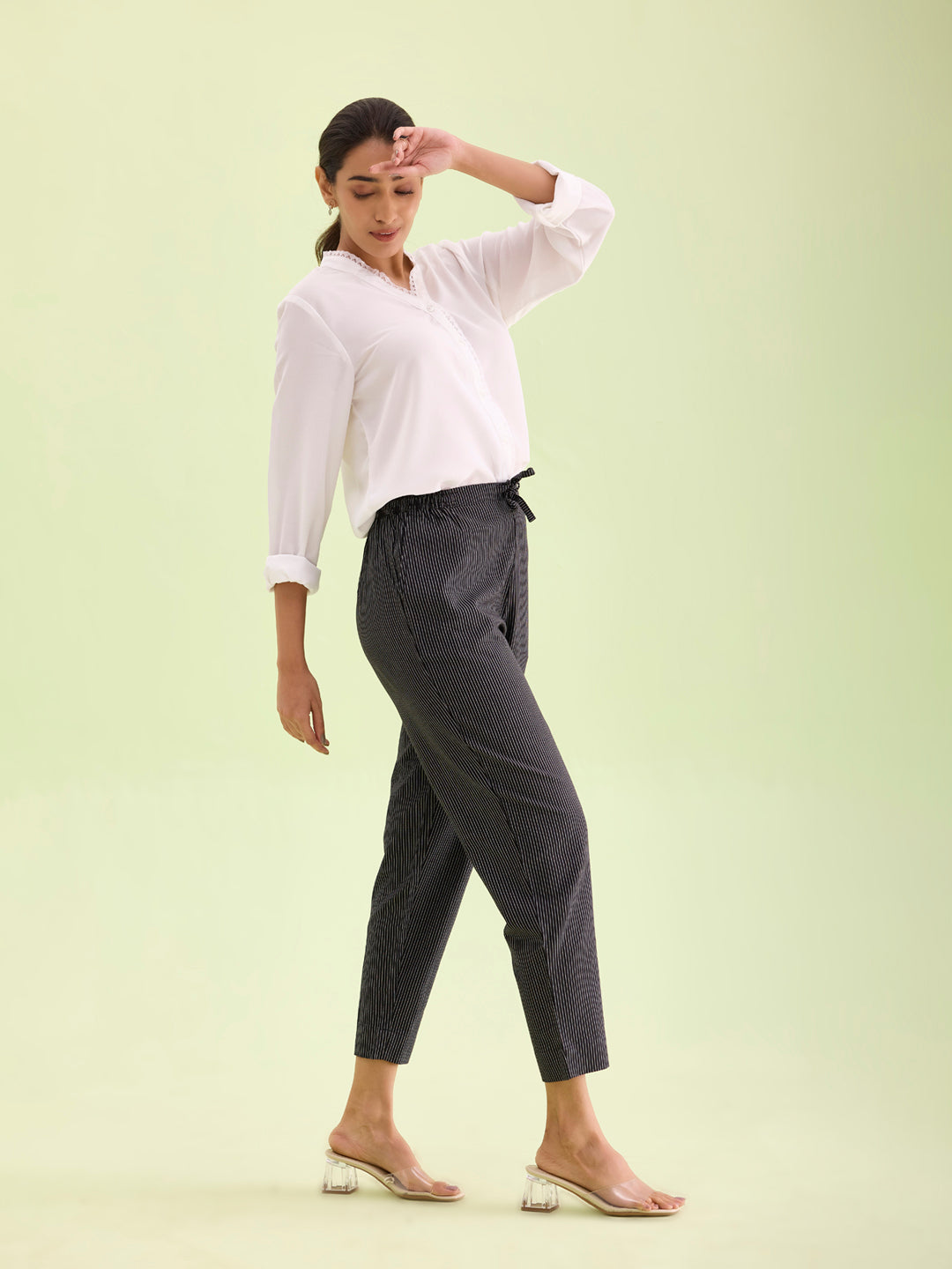 Black Cotton Stripe Pencil Pants