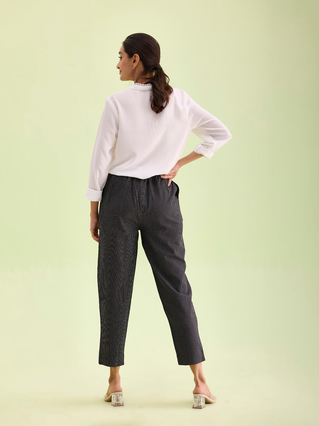 Black Cotton Stripe Pencil Pants