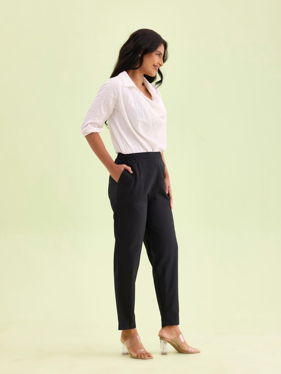 Black Cotton Stripe Pencil Pants