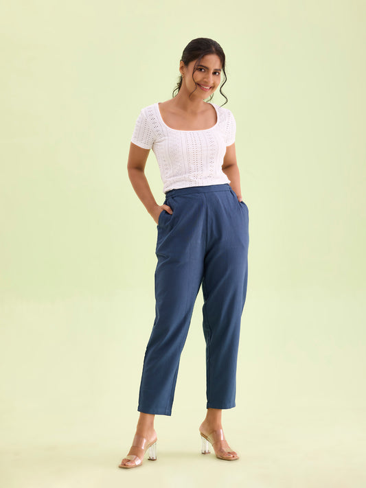 Blue Cotton Stripe Pencil Pants