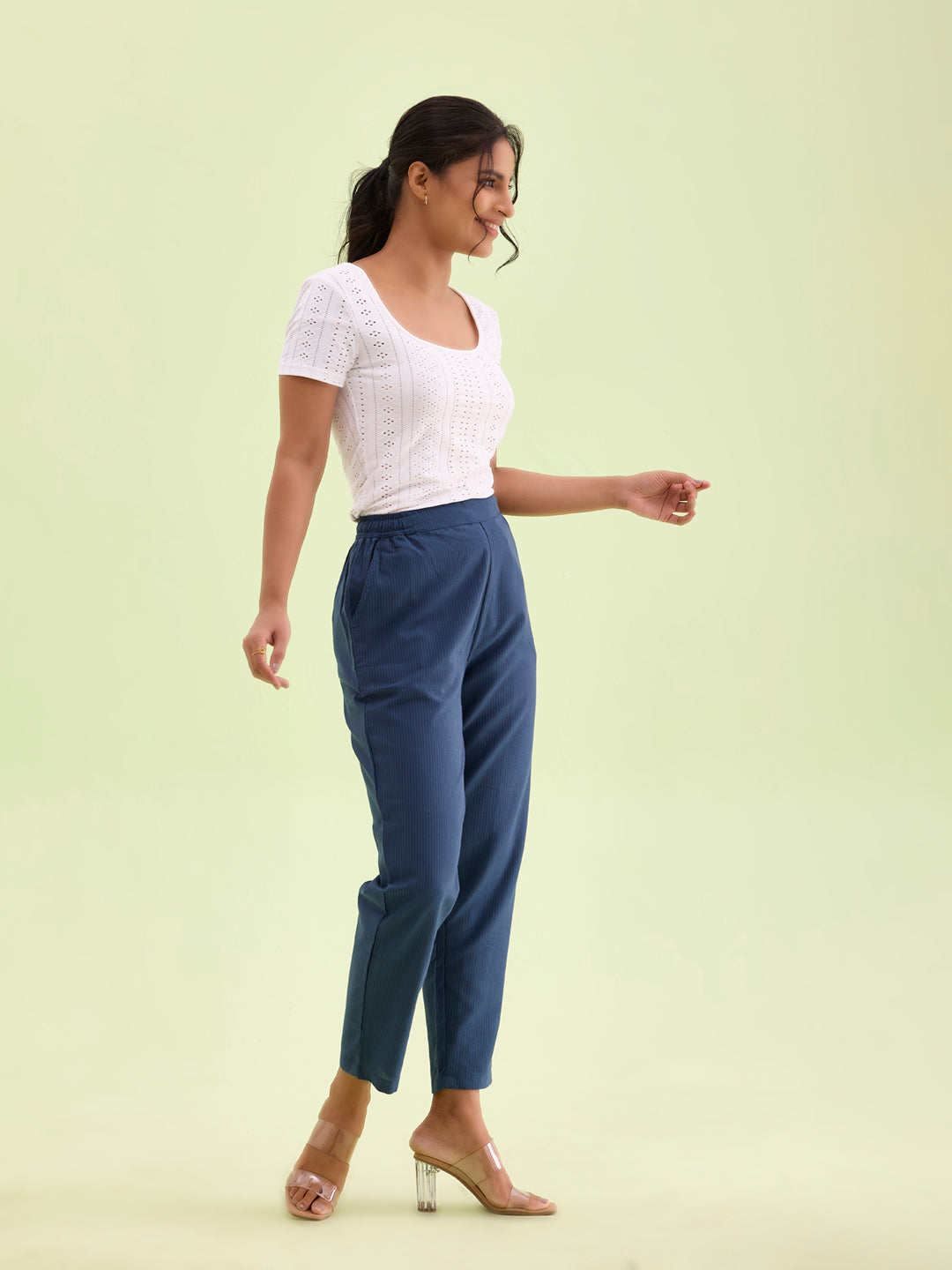 Blue Cotton Stripe Pencil Pants