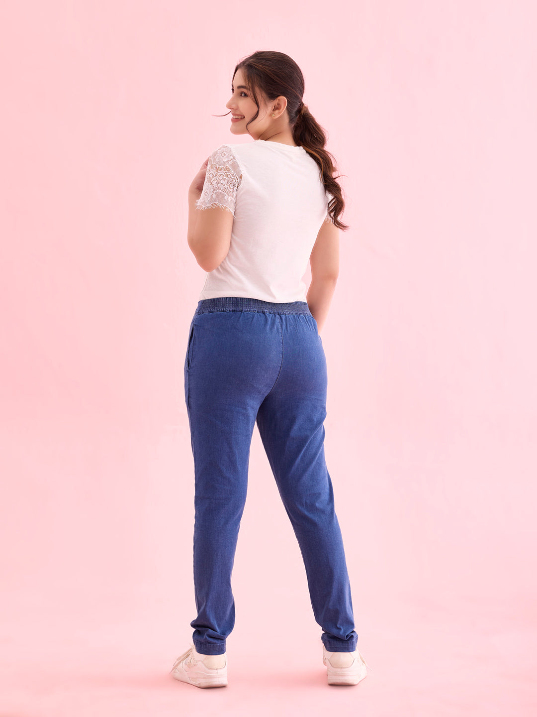 Blue Woven Denim Pencil Pants