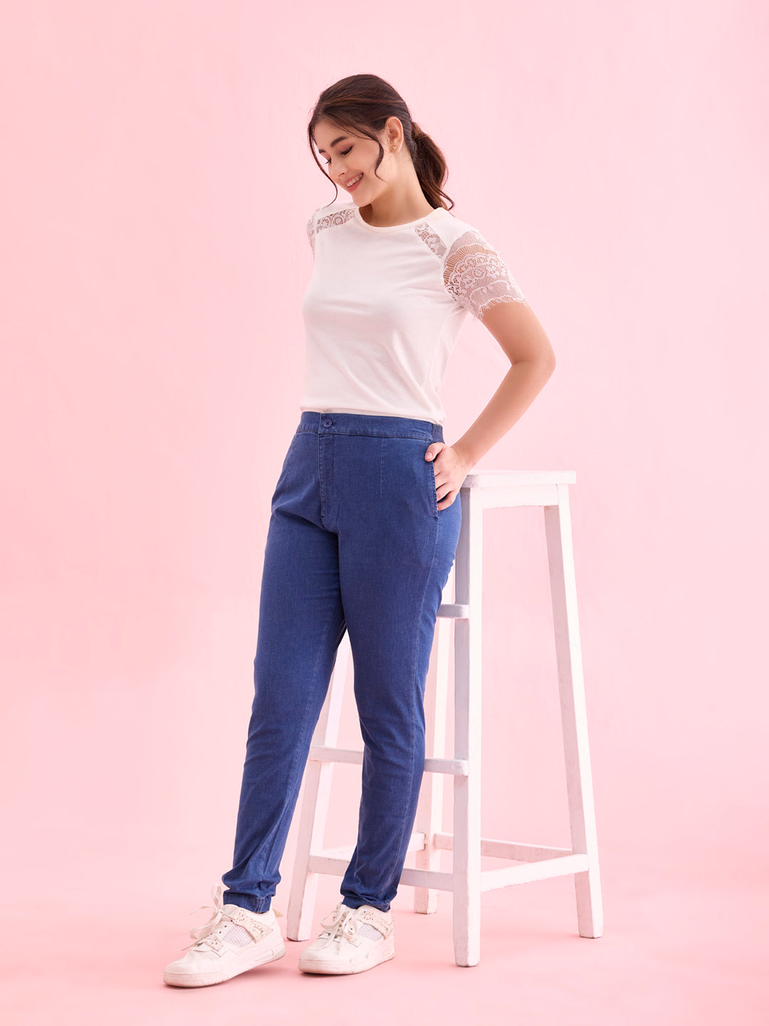 Blue Woven Denim Pencil Pants