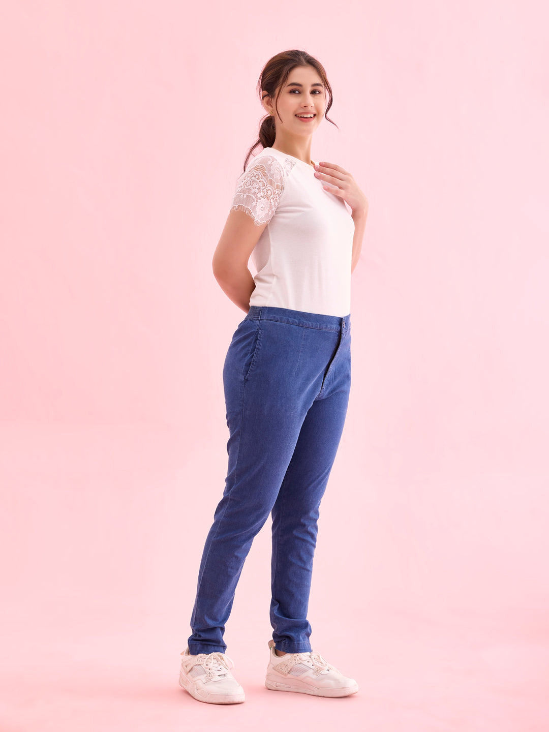 Blue Woven Denim Pencil Pants