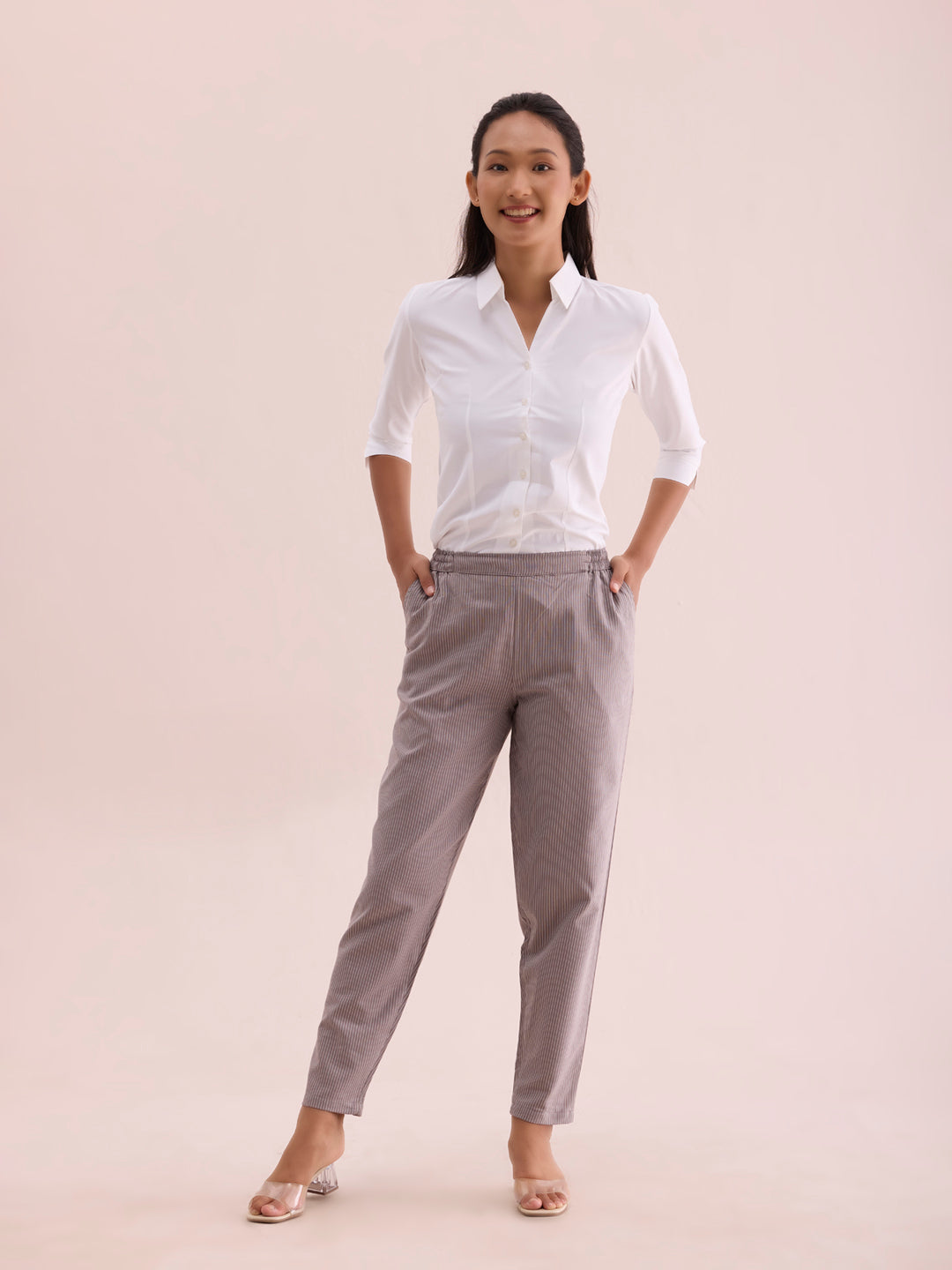 Grey Cotton Stripe Pencil Pants